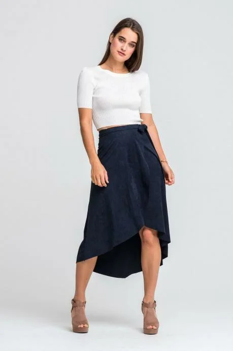 Anemone Navy Midi Suede Wrap Skirt