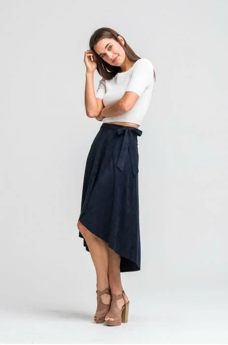 Anemone Navy Midi Suede Wrap Skirt