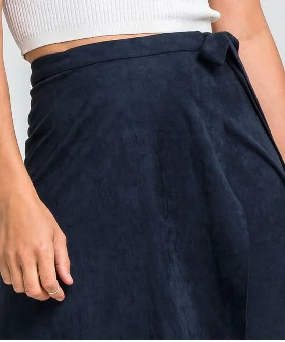 Anemone Navy Midi Suede Wrap Skirt