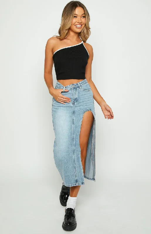 Aysha Cutout Blue Denim Midi Skirt