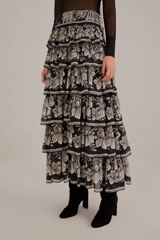 Black Paisley Bloom Tiered Skirt