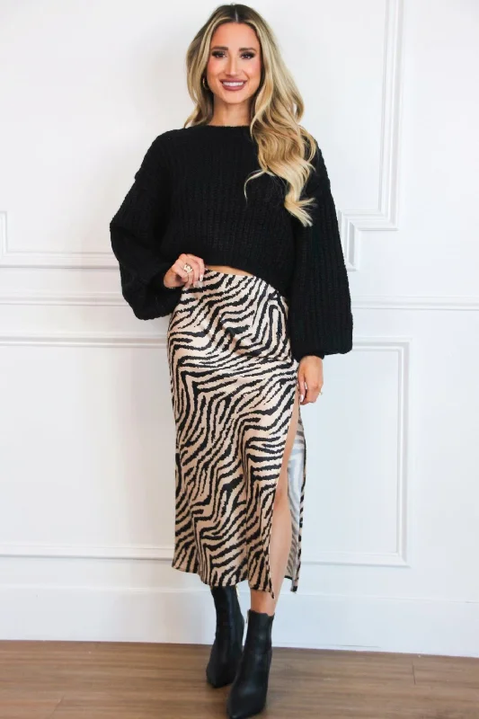 Chasing After You Zebra Satin Midi Skirt: Black Multi