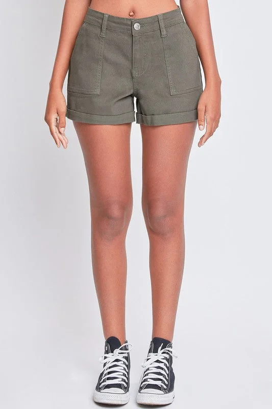 YMI Junior Mid-Rise Rolled Cuffed Shorts in Olive