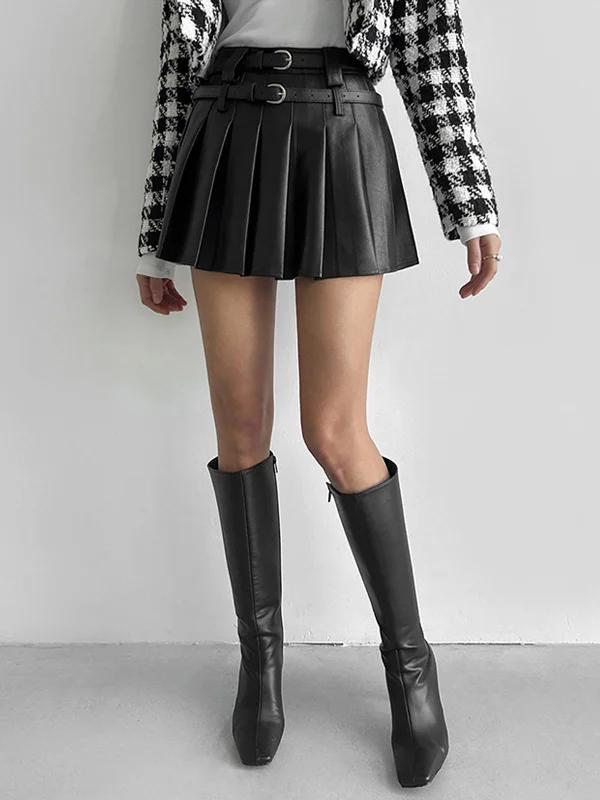 Faux Leather Belt Pleated Short Skirt