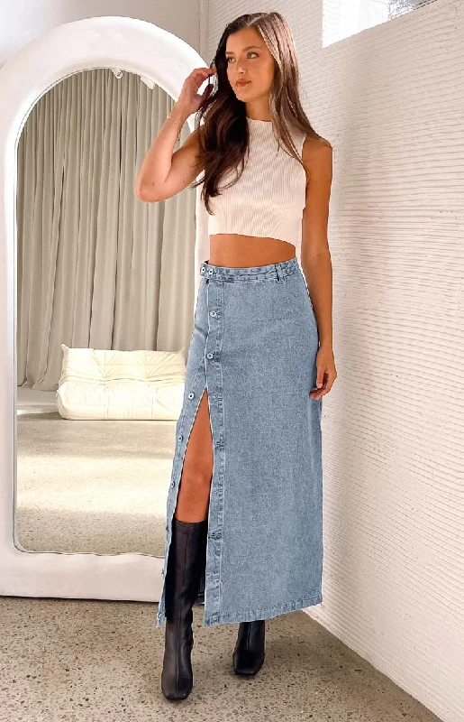 Fazio Button Side Denim Maxi Skirt