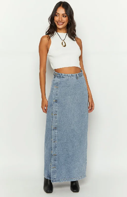 Fazio Button Side Denim Maxi Skirt