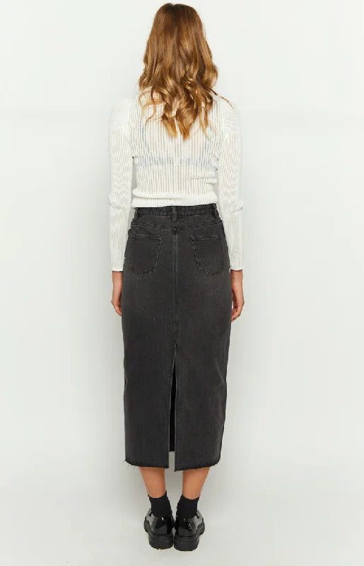 Isla Washed Black Denim Midi Skirt