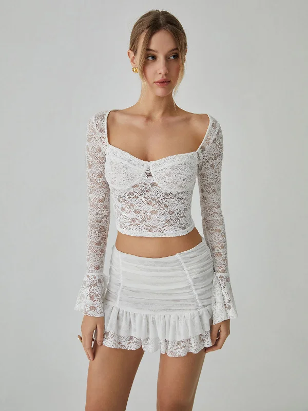 Lace Long Sleeve Top With Pleated Mini Skirt Set