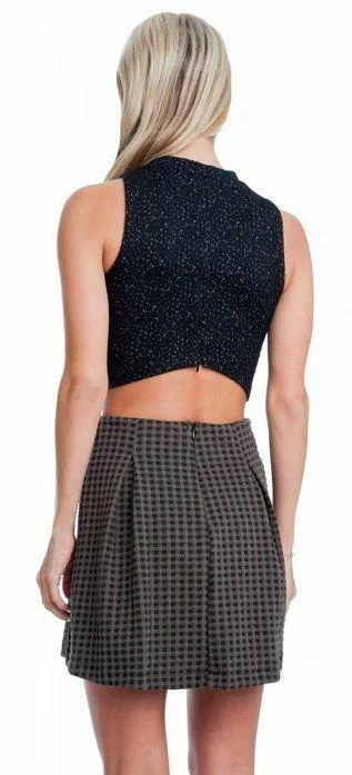 Lush Element Olive Knit Pleated Checkered Skirt