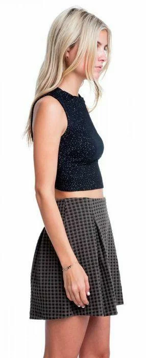 Lush Element Olive Knit Pleated Checkered Skirt