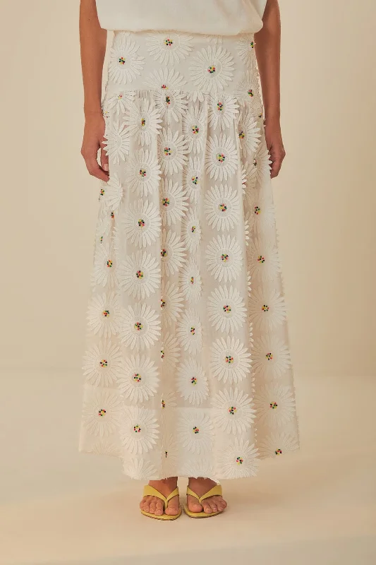 White Daisy 3D Flower Embroidered Maxi Skirt