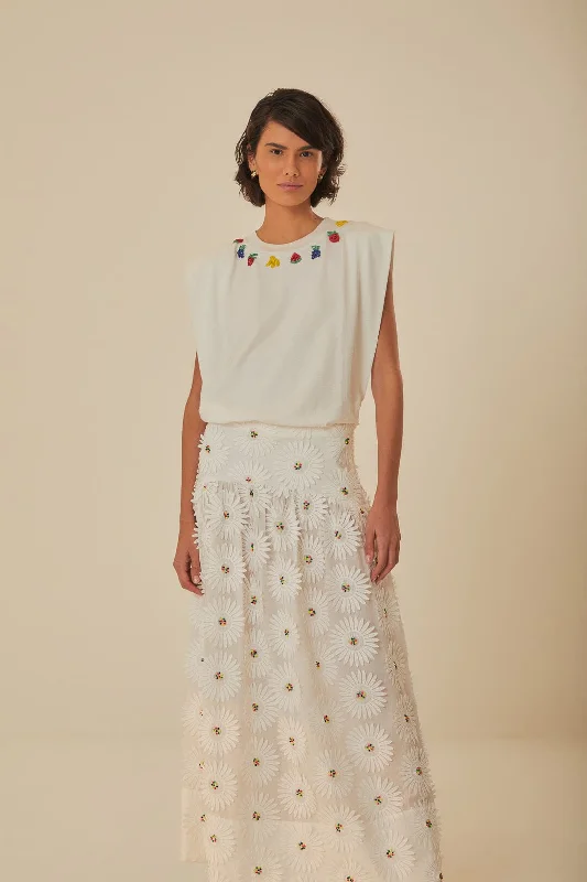 White Daisy 3D Flower Embroidered Maxi Skirt