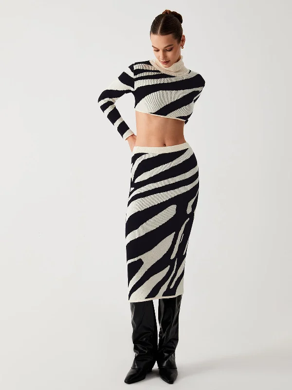 Zebra Print Mock Neck Crop Top Two Piece Skirt Set