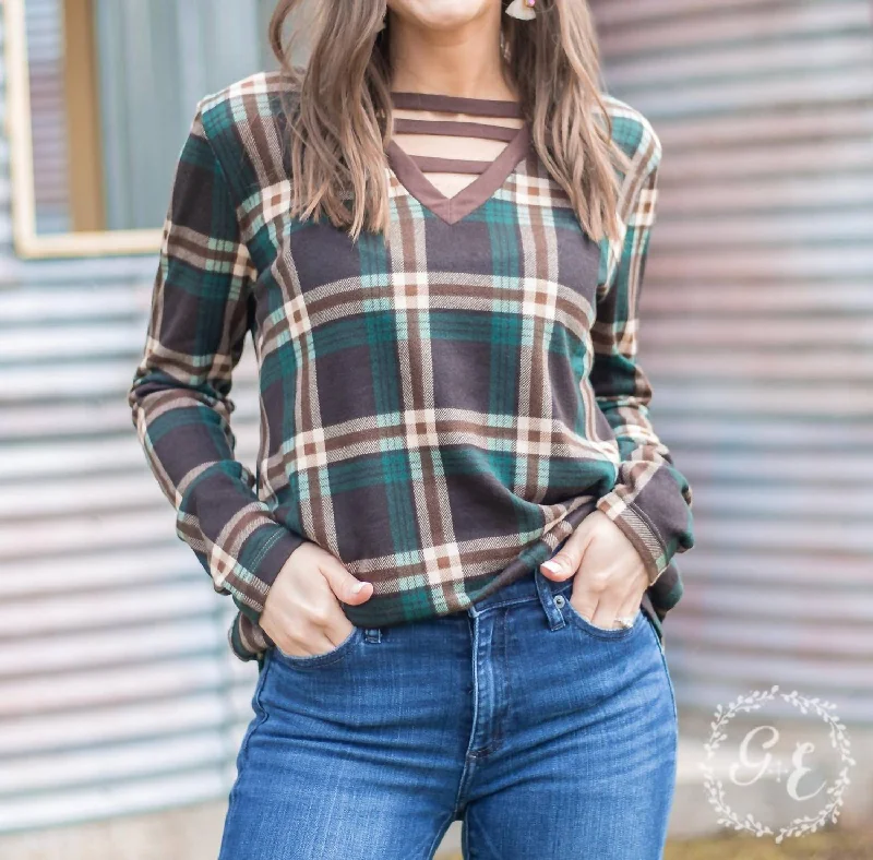 All About Fall With Caged V Neck Long Sleeve Top In Green