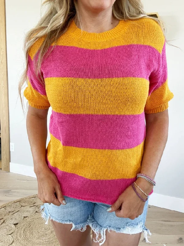 Color Block Round Neck Short Sleeve Knit Top (Pink Label)