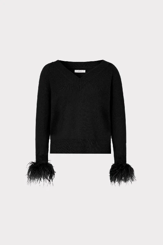 Feather Cuff V-neck Sweater