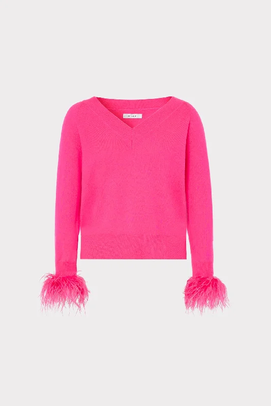 Feather Cuff V-neck Sweater