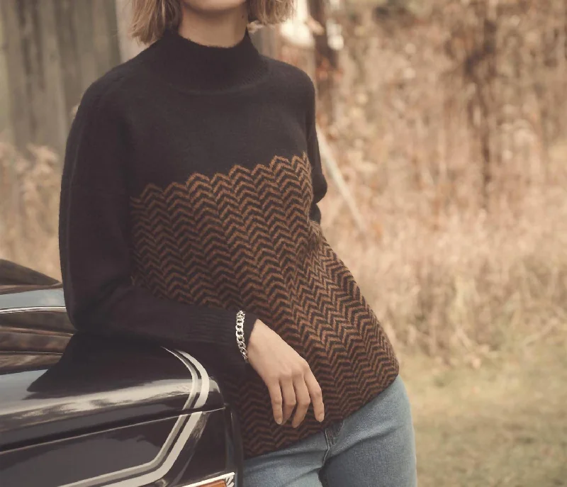 Mock Neck Sweater - Herringbone In Black/amber