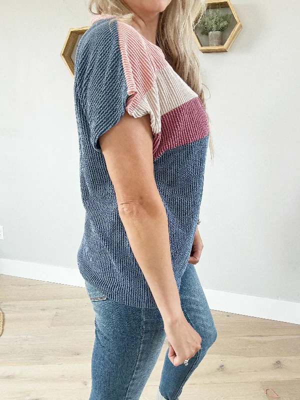 Reserved Ribbed Color Block Top Short Sleeve Top in Dark Denim