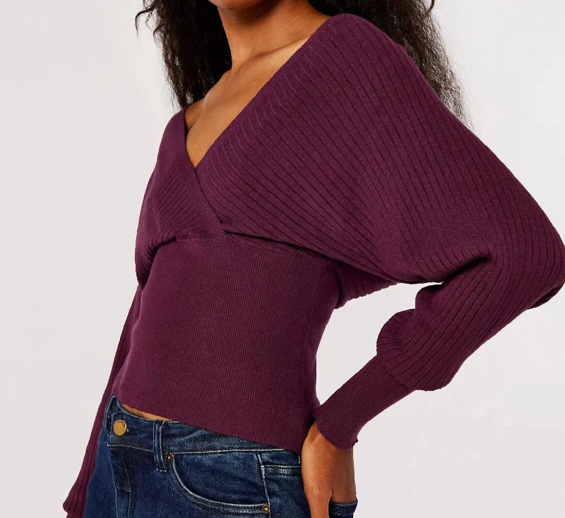 Plum Ribbed Knit Cropped Sweater In Purple