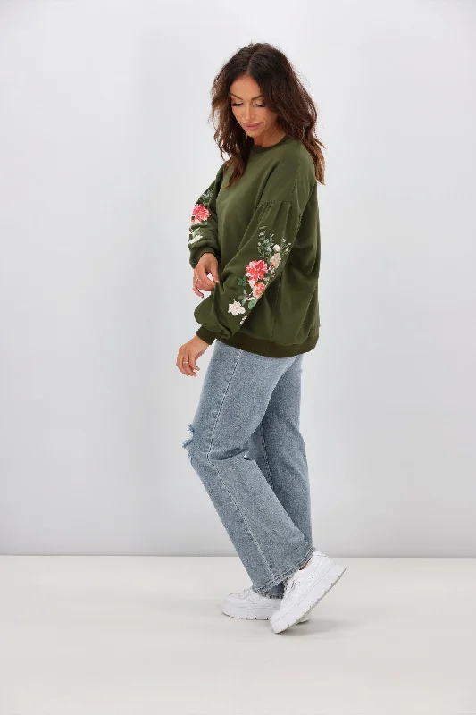 Shine On Label Rosetta Embroidered Sleeve Crew Olive