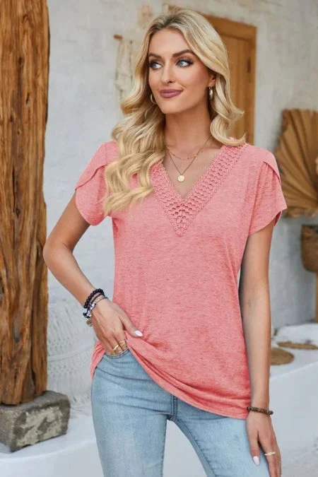 V-Neck Petal Sleeve Lace Detailed Top (Multiple Colors) (Pink Label)