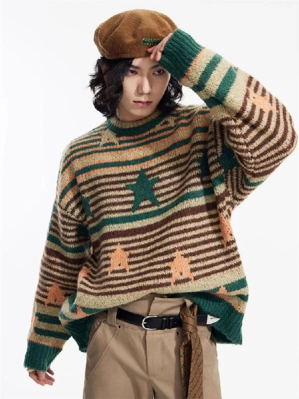 Y2K Vintage Stars Striped Knitted Sweater