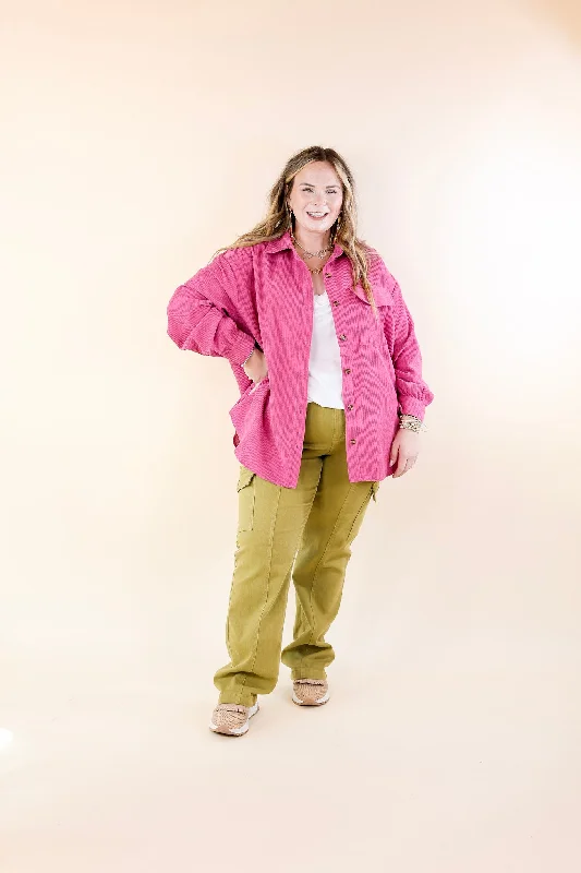 All Dolled Up Button Up Corduroy Shacket in Orchid Pink