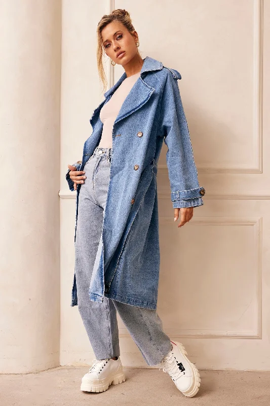 Double Take Denim Trench Coat - Blue