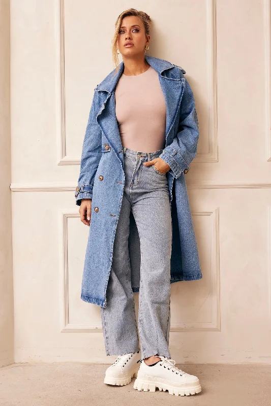 Double Take Denim Trench Coat - Blue