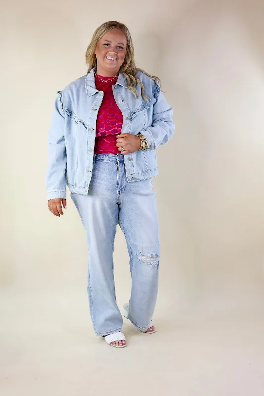 Sweeten the Deal Ruffle Detail Cropped Denim Jacket in Light Wash