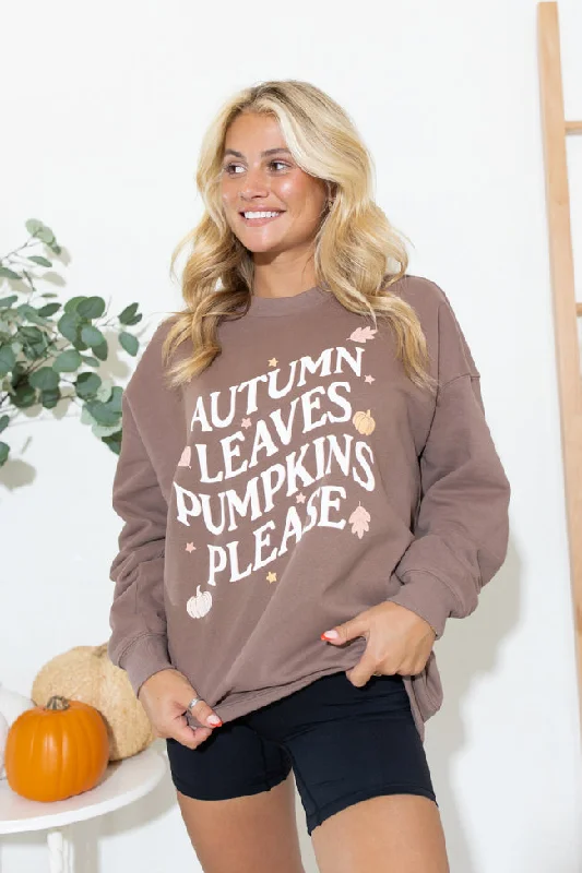 Autumn Leaves Pumpkin Please Mocha Oversized Graphic Sweatshirt