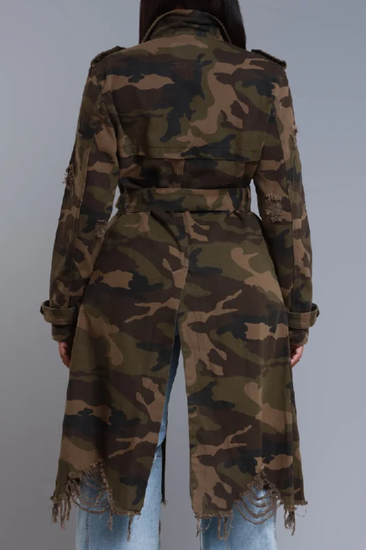 Base Camp Longline Distressed Camouflage Jacket - Green Camo