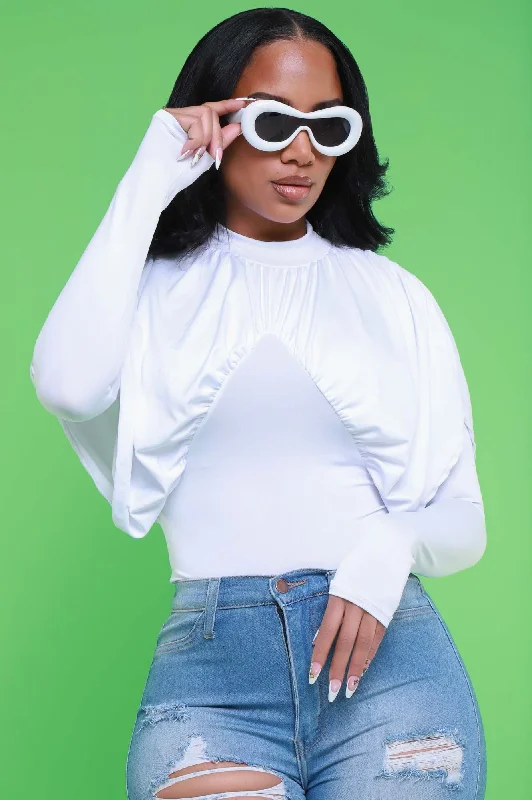 Before Noon Pleated Long Sleeve Bodysuit - White