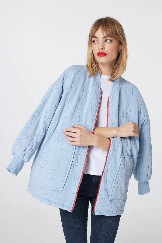 Blue Quilted Lightning Bolt Oversized Bomber Jacket