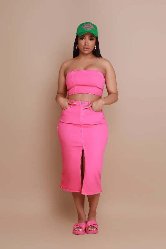 Candy Shop Strapless Denim Crop Top - Fuchsia