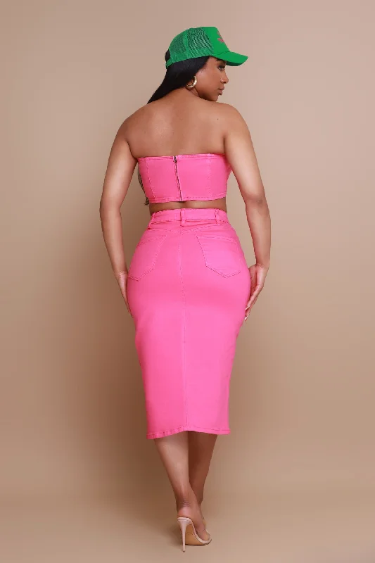 Candy Shop Strapless Denim Crop Top - Fuchsia