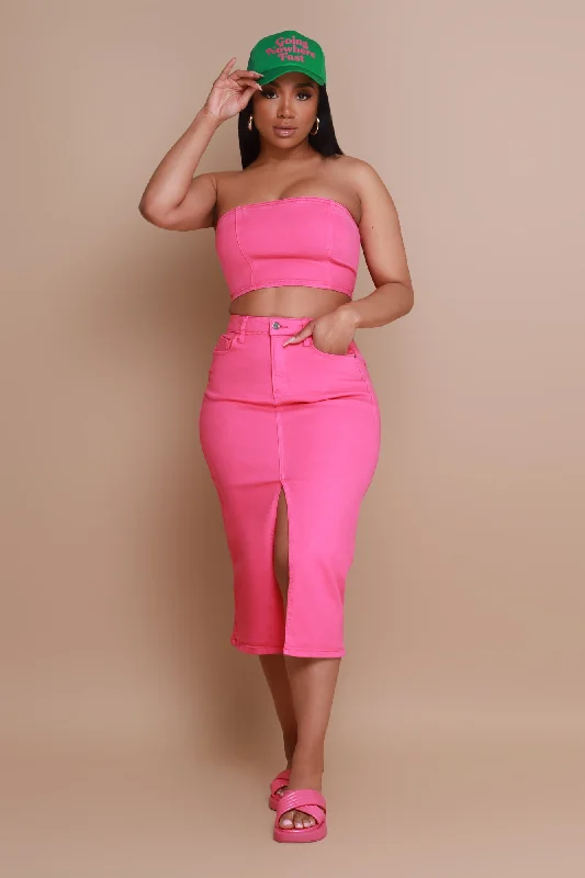 Candy Shop Strapless Denim Crop Top - Fuchsia