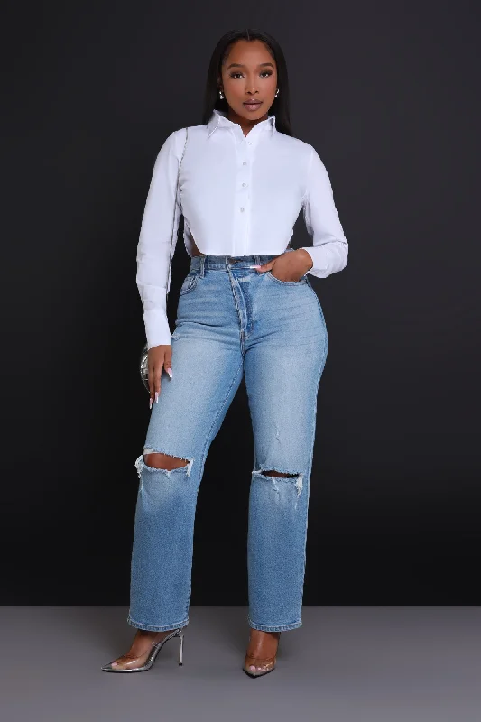 Chart Topper Cropped Button Up Top - White