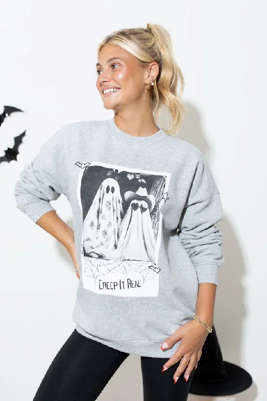 Creep It Real Light Grey Oversized Graphic Sweatshirt