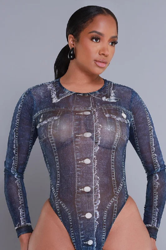 Feel No Way Denim Print Bodysuit - Dark Indigo