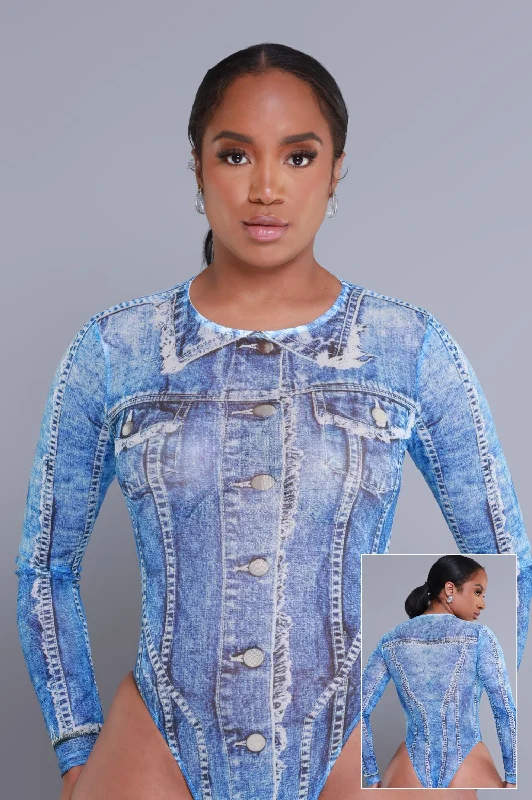 Feel No Way Denim Print Bodysuit - Light Indigo