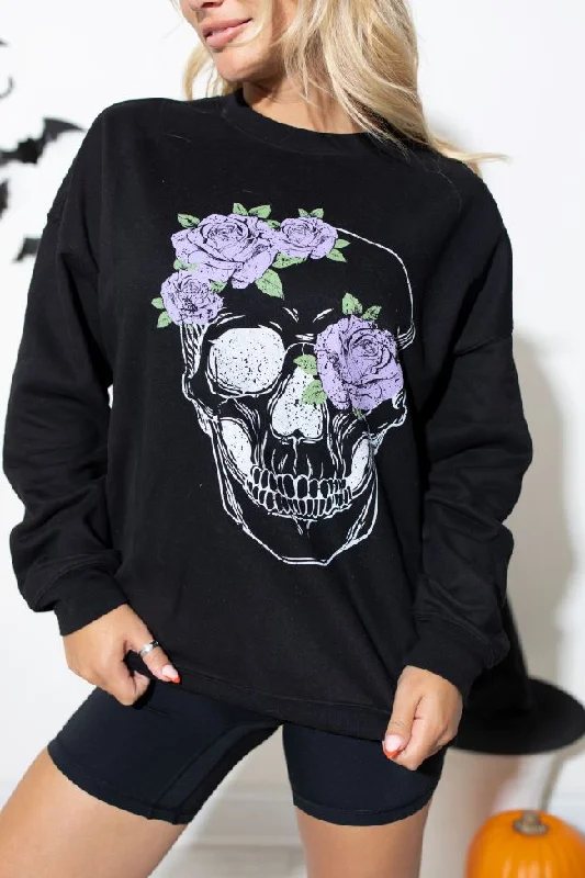 Floral Skull Black Oversized Graphic Sweatshirt