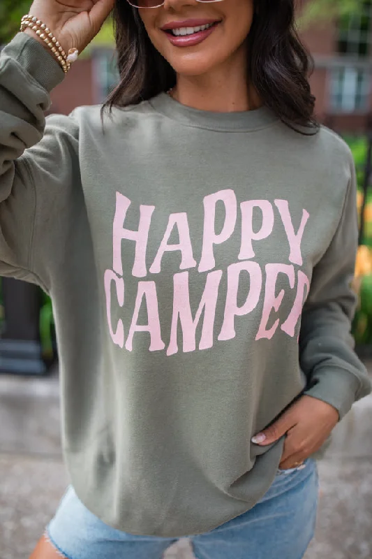 Happy Camper Olive Oversized Graphic Sweatshirt