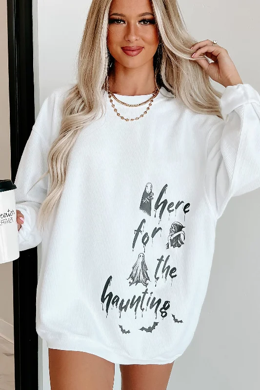 ""Here For The Haunting"" Corded Graphic Crewneck (White) - Print On Demand