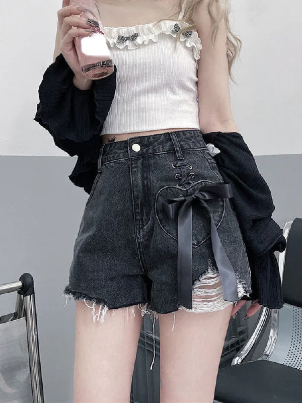 KittenAlarm - High Waist Extra Bow Denim Shorts Jeans