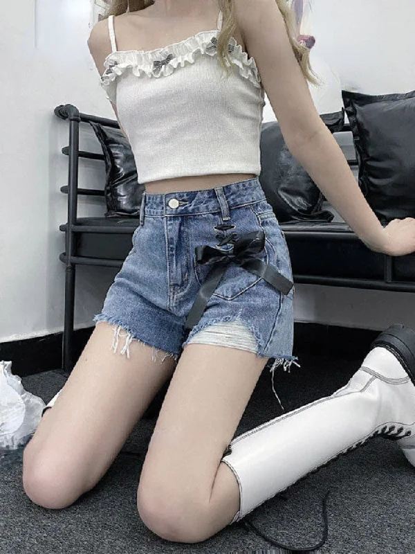 KittenAlarm - High Waist Extra Bow Denim Shorts Jeans