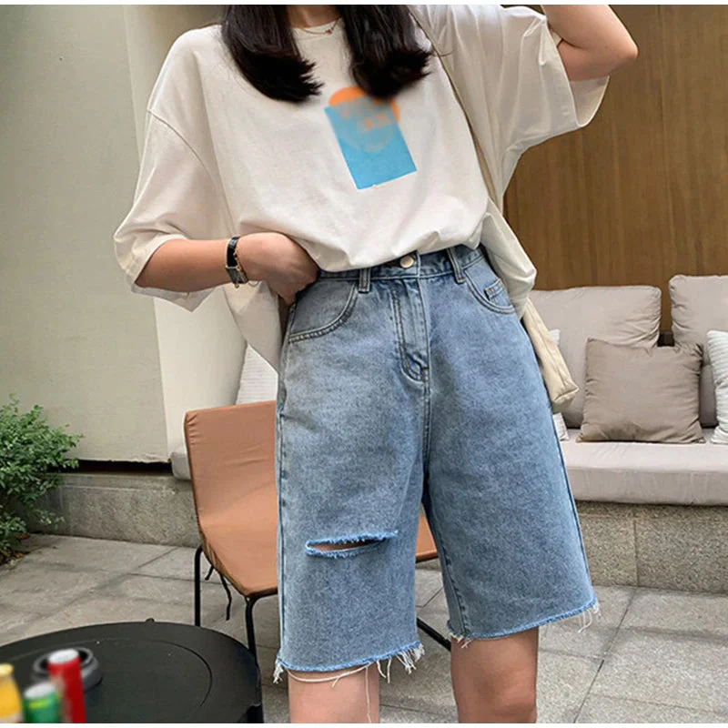 KittenAlarm - High Waist Ripped Wide Leg Shorts Jeans