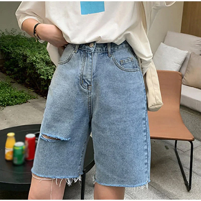 KittenAlarm - High Waist Ripped Wide Leg Shorts Jeans