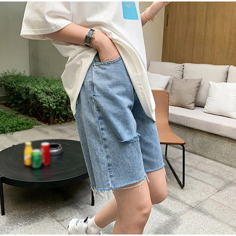 KittenAlarm - High Waist Ripped Wide Leg Shorts Jeans